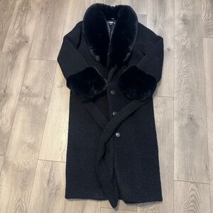 Missguided Long Black Faux Fur Trim Coat with Belt